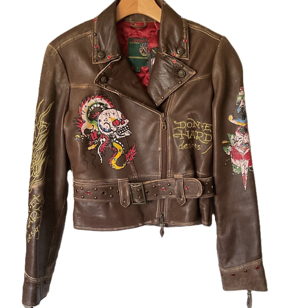 Genuine Ed Hardy Hardy Christian Audigier Leather Embroidered Jacket with Buckle